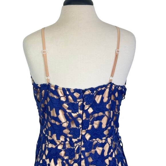NEW Ashir Aley Royal Blue Cut Out Lace over Nude V-Neck Hi-Lo Dress Women's Sz L - Picture 8 of 9